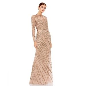 NWT Mac Duggal Long Sleeve Beaded Column Gown in Mocha, size 12